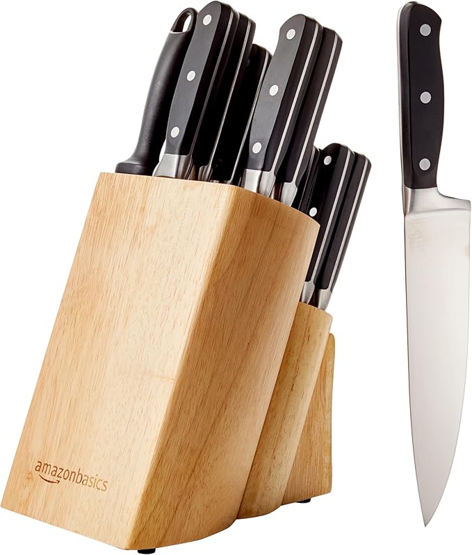 Amazon Basics 18-Piece Premium Kitchen High-Carbon Stainless Steel Blades with Pine Wood Knife Block Set, Black