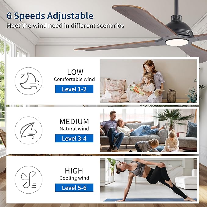 WINGBO 56 Inch DC Ceiling Fan with Lights and Remote, 4 Solid Wood Blades, 3CCT, 6-Speeds Reversible DC Motor, Modern Ceiling Fan for Bedroom Living Room Kitchen, Black and Walnut