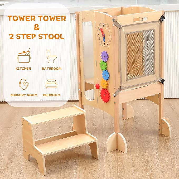 Toddler Tower, Foldable Toddler Kitchen Stool Helper with 2 Step Stool, Wooden Toddler Stool with Safety Net, Adjustable Height, Chalk-Whiteboard& Montessori Activity Games