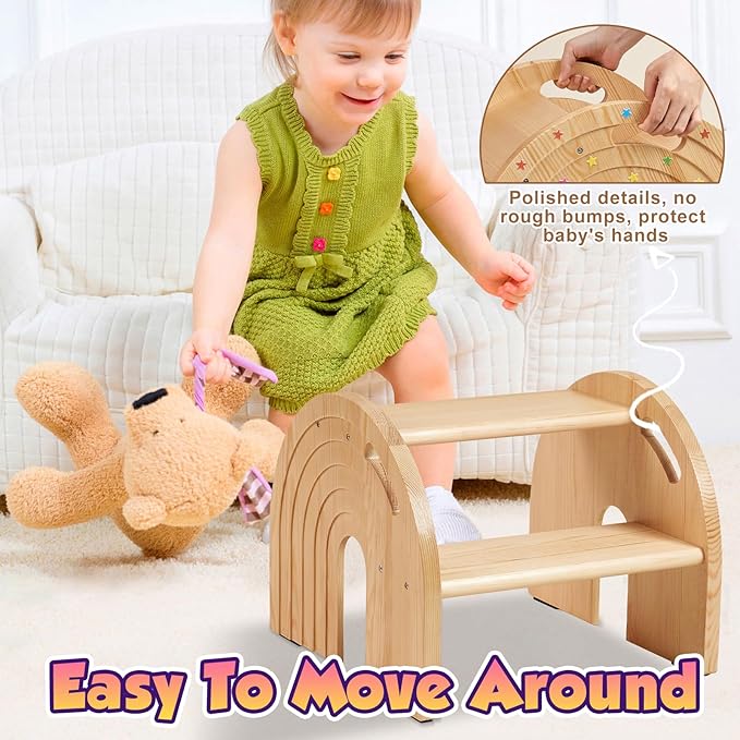 Wooden 2 Toddler Step Stool for Kids Portable Wooden Kids Step Stool with Handles for Bathroom Kitchen Toilet Potty Training