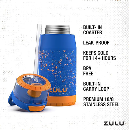 ZULU Kids Flex 12oz Tritan Stainless Steel Insulated Water Bottle with Silicone Spout, Leak-Proof Locking Flip Lid and Soft Touch Carry Loop for School Backpack, Lunchbox, and Outdoor Sports, Blue