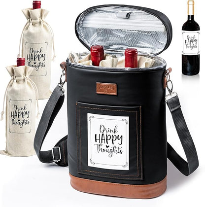 2 Bottle Wine Cooler Bags, Insulated Wine Bag with 2 Wine Drawstring Bag and 2 Wine Labels for Bottles, Wine Carrier Bag,Wine Accessories for Wine Lovers, Wine Travel Bag, Drink Happy Thoughts