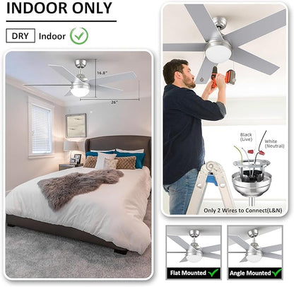 52 Inch Silver Pull Chain Ceiling Fan with LED Light, 3-color LED Light Adjustable, 5 Speeds Quiet Reversible DC Motor, 5 Plywood Blades Modern Ceiling Fan for Living Room, Bedroom, Kitchen