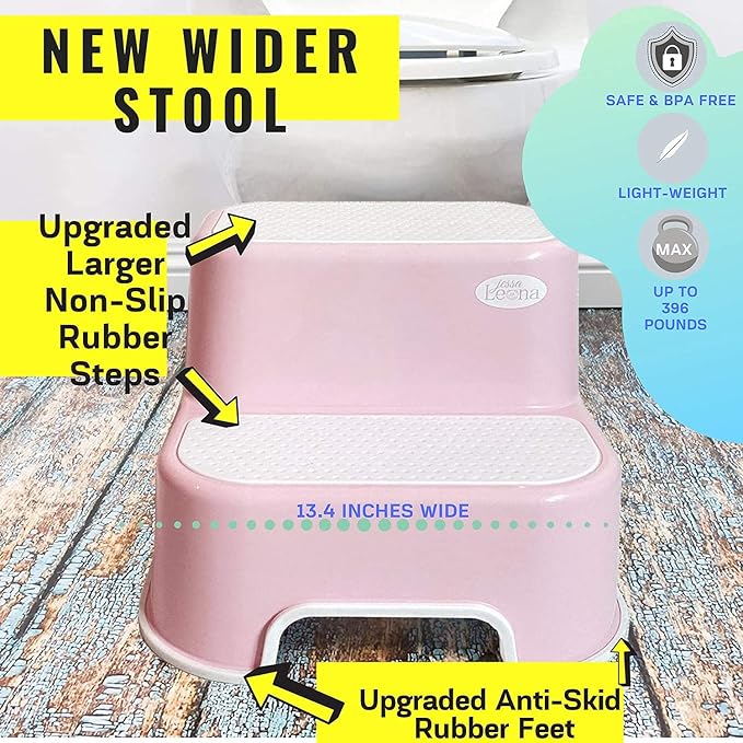 Wider Dual Height 2 Step Stool for Kids | Toddler's Stool for Potty Training and Use in The Bathroom or Kitchen | BPA-Free Strong Soft-Grip Steps for Comfort and Safety (2 Pack, Pretty Pink)