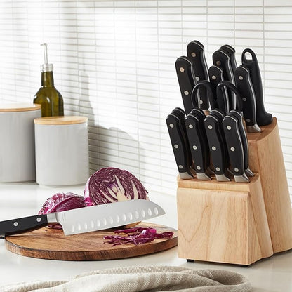 Amazon Basics 18-Piece Premium Kitchen High-Carbon Stainless Steel Blades with Pine Wood Knife Block Set, Black