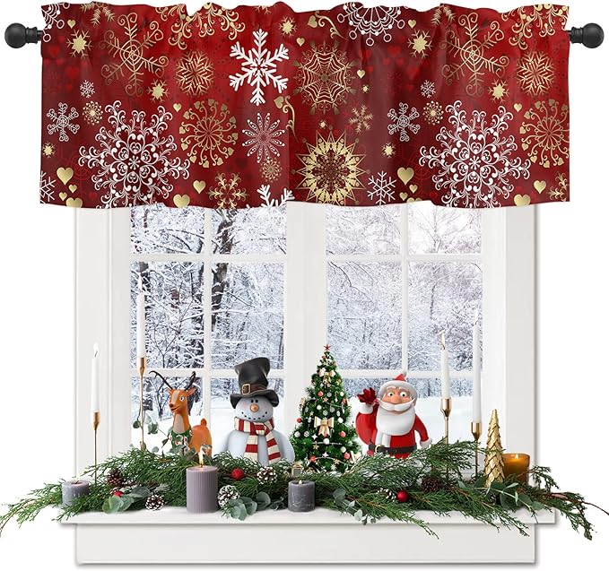 Vandarllin Christmas Valance Kitchen Curtains for Windows, Snowflake Pattern Rod Pocket Valances Window Treatments Gold White Short Curtains for Bedroom/Living Room, 54" X 18" -1 Panel