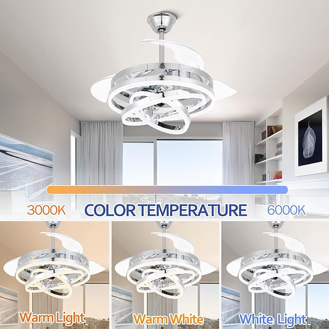 42" Retractable Ceiling Fan with Lights & Remote - Silent DC Motor Modern Ceiling Fan - 6 Speed LED Fan for Bedroom living room Kitchen