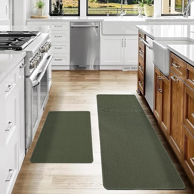 COSY HOMEER 20x30 Inch/20X48 Inch Kitchen Rug Mats Made of 100% Polypropylene Strip TPR Backing 2 Pieces Soft Kitchen Mat Specialized in Anti Slippery and Machine Washable,Green