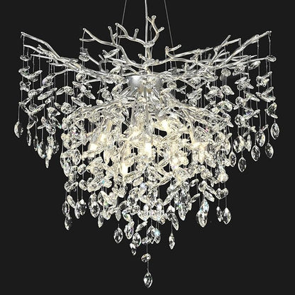 32 in Crystal Chandelier for Dining Room, Round Silver Tree Branches Chandeliers, Top K9 Crystal Chandelier, Modern Chandeliers for Kitchen,Foyer Entryway,Luxury Adjustable Hanging Chandelier