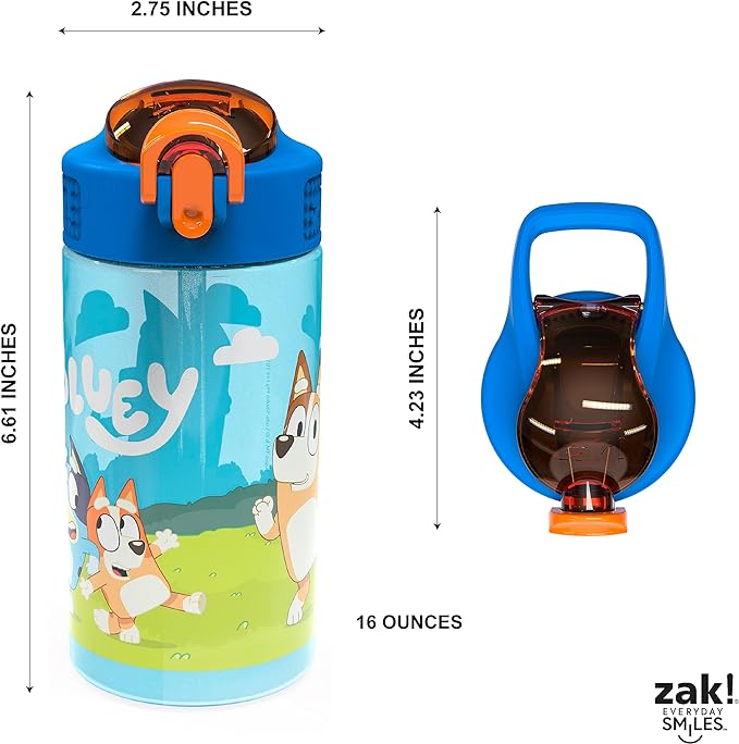 Zak Designs Bluey Kids Durable Plastic Spout Cover and Built-in Carrying Loop, Leak-Proof Water Design for Travel, (16oz, 2pc Set), Bluey Bottle 2pk