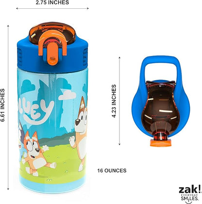 Zak Designs Bluey Kids Durable Plastic Spout Cover and Built-in Carrying Loop, Leak-Proof Water Design for Travel, (16oz, 2pc Set), Bluey Bottle 2pk