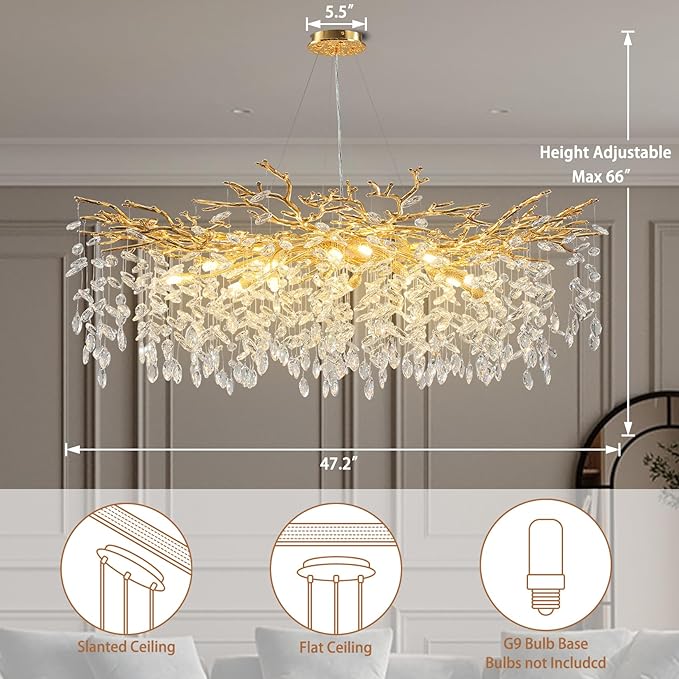 YUYI Modern Crystal Chandeliers for Dining Room,Gold Tree Branches Chandelier Lighting,Round Luxury Raindrop High Ceiling Chandelier Light Fixture Hanging Pendant Light Fixtures(47.2 inch)