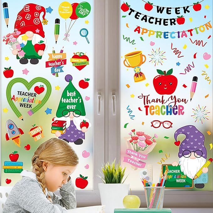 Teacher Appreciation Week Window Clings Stickers Best Teacher Double-Sided Window Decals Decoration Pencil Apple Design for Toddlers Adults Classroom Home Nursery Airplane Birthday Party Supplies