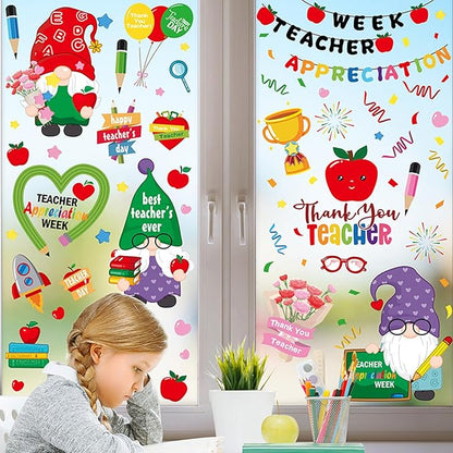 Teacher Appreciation Week Window Clings Stickers Best Teacher Double-Sided Window Decals Decoration Pencil Apple Design for Toddlers Adults Classroom Home Nursery Airplane Birthday Party Supplies