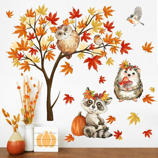 Mfault Fall Maple Tree Woodland Animal Wall Decals Stickers, Autumn Raccoon Hedgehog Squirrel Owl Bird Decorations Bedroom Art, Thanksgiving Pumpkin Seasonal Home Kitchen Decor