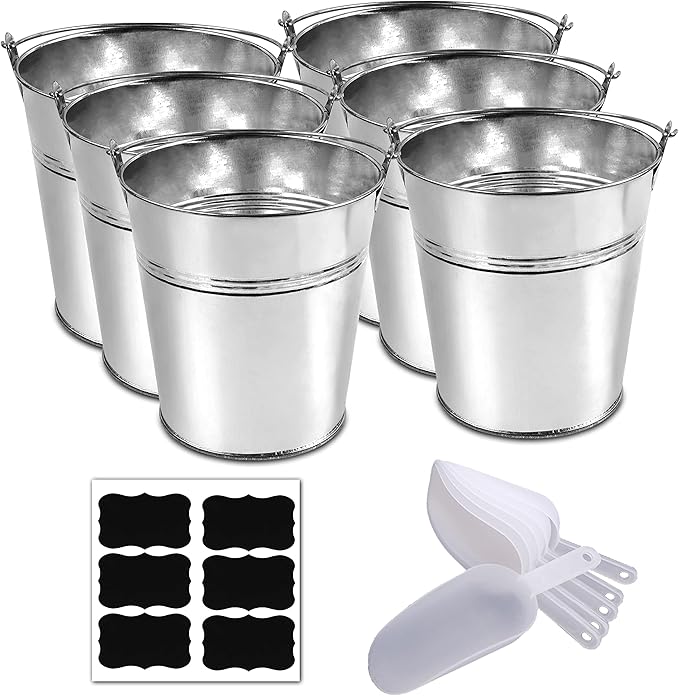 6 Metal Buckets With Chalkboard Stickers And Plastic Kitchen Scoops, Small Galvanized Buckets ,For Birthday, Wedding Party, Garden Planters , Party Supplies,Decorations ,5 Inch Tin Buckets - (tie 6)