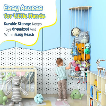 2 Pack Corner Stuffed Animal Storage, 6FT Wood Stuffed Animal Holder for Kids Room, Plushie Toys Shelf Organizer with Adjustable Length, Plush Toys Hanging Storag for Nursery Playroom Bedroom