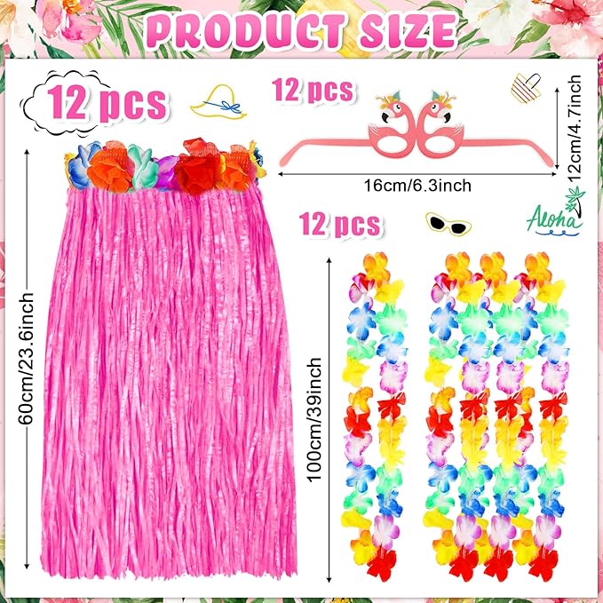 Zhanmai 36 Packs Hawaiian Costume Set Hula Skirts Tropical Grass Skirt Necklace Paper Glasses for Summer Luau Party Favors (Pink)