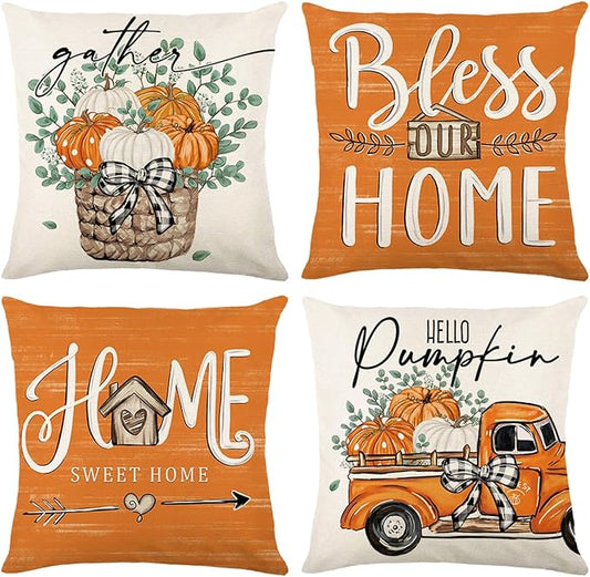 Fall Decorations for Home, Fall Pillow Covers 18x18 Set of 4, Thanksgiving Decorations Autumn Cushion Case for Couch(Fall04)