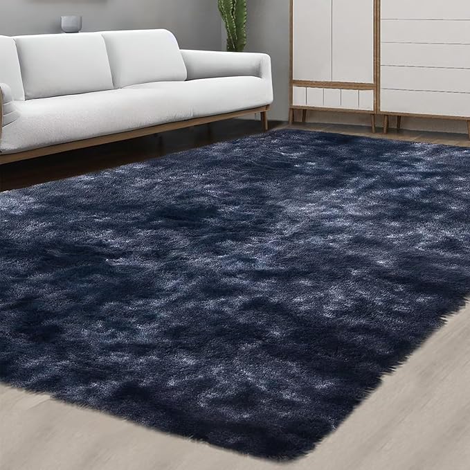 Shaggy Area Rugs 6x9 for Living Room Soft Fluffy Faux Fur Carpet for Bedroom Indoor Modern Plush Home Decor Floor Cover for Nursery Kids Room Non Slip Non Shedding Throw Rug, Tie Dye Navy