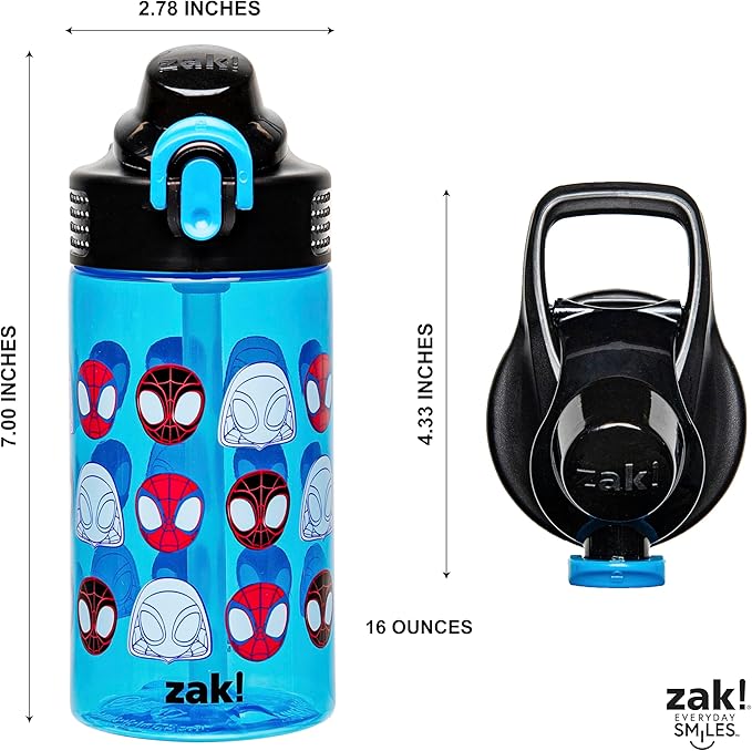 Zak Designs Sage Marvel Spider-Man Water Bottle For School or Travel, 16oz Durable Plastic Water Bottle With Straw, Handle, and Leak-Proof, Pop-Up Spout Cover (Spidey and His Amazing Friends)