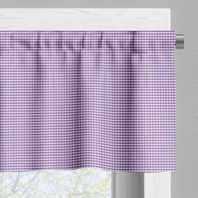 Ambesonne Checkered Valance & Tier Curtain 3 pcs Set, Purple and White Colored Gingham Checks Rows Picnic Theme Vintage Style Print, Window Treatments for Kitchen Room Decor, 55" x 45", Purple White