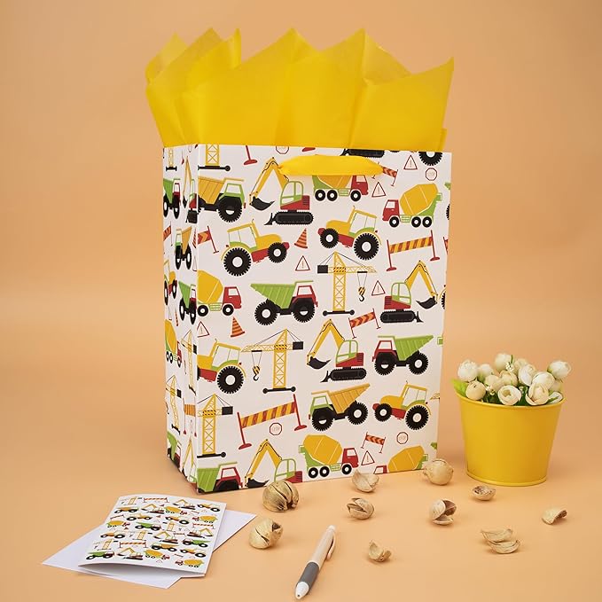 13" Large Vehicle-themed Gift Bags Set with Greeting Card and Tissue Paper (Yellow Car Design) for boys, Construction Kids Birthday Party, Baby boy, Baby Shower, Newborn -10.2”x5.2”x13”, 1 Pcs