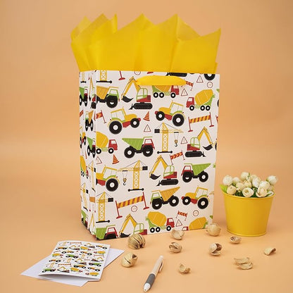 13" Large Vehicle-themed Gift Bags Set with Greeting Card and Tissue Paper (Yellow Car Design) for boys, Construction Kids Birthday Party, Baby boy, Baby Shower, Newborn -10.2”x5.2”x13”, 1 Pcs