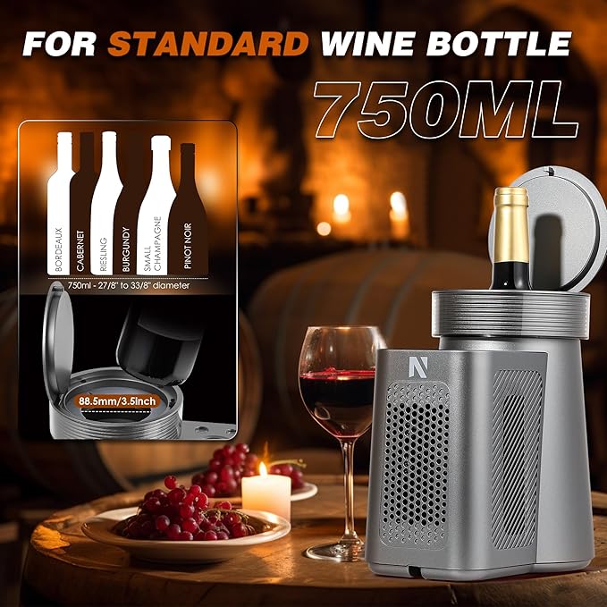 NEWTRY Wine Chiller Electric, 24 Hours Iceless Wine Cooler for 750ml Standard Straight Wine Bottle, Single Bottle Wine Chiller Constant Low Temp for Home, Kitchen, Office, Outdoors