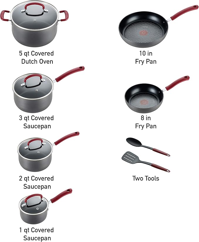 T-fal Ultimate Hard Anodized Nonstick Cookware Set 12 Piece, Oven Broiler Safe 600F, Kitchen Cooking Set w/ Fry Pans, Saucepans, Dutch Oven, Kitchen Utensils, Pots and Pans, Dishwasher Safe, Black