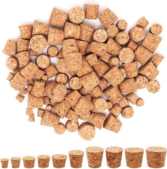 110Pcs Cork Stoppers, 10 Sizes Assortment Small Corks Tapered Cork Plugs Replacement Wooden Bottle Corks Bottle Stopper Wine Cork for Craft Jars Wine Bottles