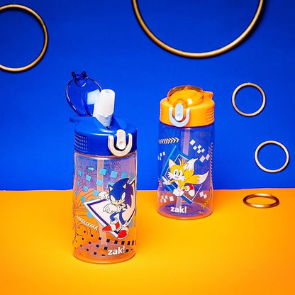 Zak Designs Sonic Kids' 2-Pack Leak-Proof Water Bottles With Straw, Handle and Pop-Up Spout Cover