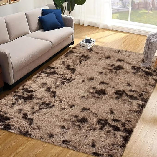 Fluffy Area Rug for Living Room 8x10 Feet, Fluffy Shaggy Rugs for Bedroom Soft Plush Fuzzy Carpet Indoor Modern Faux Fur Rugs Non Slip Home Decor Rug for Kids Girls Nursery, Tie Dye Brown