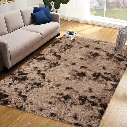 Extra Large 9x12 Fluffy Shaggy Area Rug for Living Room Indoor Modern Plush Faux Fur Carpet for Bedroom Soft Thick Throw Rug for Nursery Kids Room Non Slip Fuzzy Rug for Home Decor,Tie Dye Brown