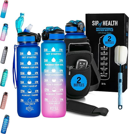 2 PACK: 32 Oz Water Bottle with Time Marker - Motivational Gym Water Bottle with Strap & Holder for Everyday Use | Water Bottles with Times to Drink | Big Water Bottle with Straw, Leak Proof & Durable