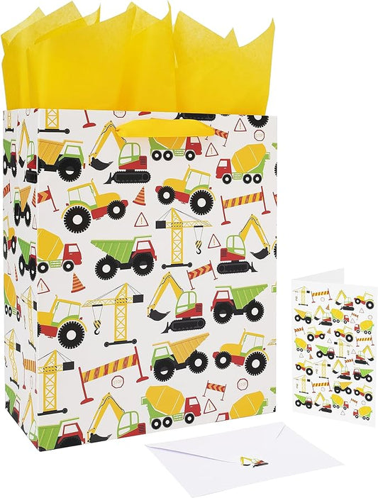 13" Large Vehicle-themed Gift Bags Set with Greeting Card and Tissue Paper (Yellow Car Design) for boys, Construction Kids Birthday Party, Baby boy, Baby Shower, Newborn -10.2”x5.2”x13”, 1 Pcs