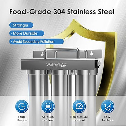 Waterdrop TST-UF 0.01μm Ultra-Filtration Under Sink Water Filter, Stainless Steel Water Filter for Sink, 5X Service Life, 99.99% of Contaminants Larger Than 0.01μm, Direct Connect to Kitchen Faucet