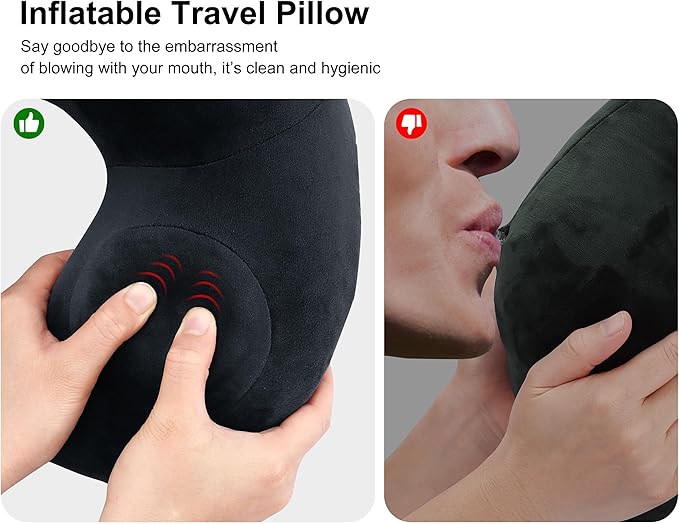 Neck Pillow, Inflatable Travel Pillow, Soft & Support Travel Essentials for Airplane/Car/Office&Home Rest Use, Comfortable & Breathable Machine Washable Cover with Storage Bag (Black)