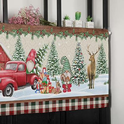 Vandarllin Christmas Farmhouse Kitchen Curtains Valances for Windows Red Truck Gnomes Rod Pocket Window Treatment for Kitchen/Living Room/Bedroom/Bathroom,42" X 18" -1 Panel, Winter Holiday Snowman