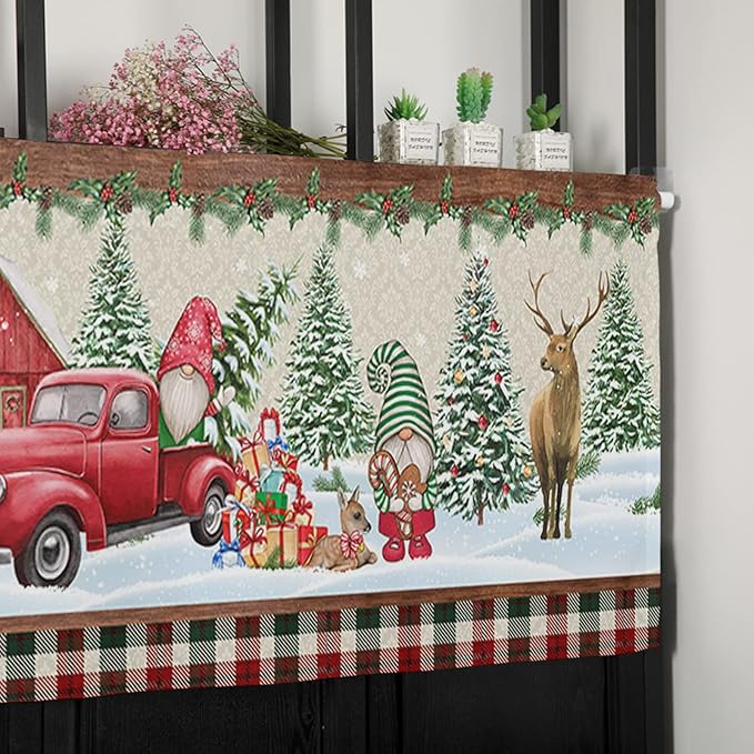 Vandarllin Christmas Farmhouse Kitchen Curtains Valances for Windows Red Truck Gnomes Rod Pocket Window Treatment for Kitchen/Living Room/Bedroom/Bathroom,60" X 18" -1 Panel, Winter Holiday Snowman