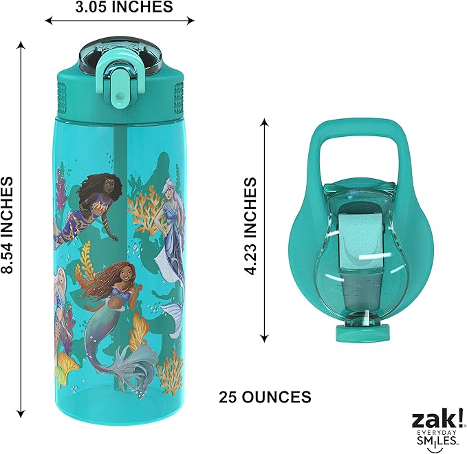 Zak Designs Disney The Little Mermaid 2023 Kids Water Bottle For School or Travel, 25oz, Durable Plastic, with Pop-Up Antimicrobial Spout and Cover, Handle, and Leak-Proof (Ariel and Sisters)