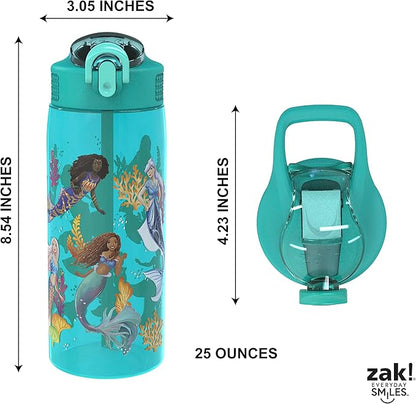 Zak Designs Disney The Little Mermaid 2023 Kids Water Bottle For School or Travel, 25oz, Durable Plastic, with Pop-Up Antimicrobial Spout and Cover, Handle, and Leak-Proof (Ariel and Sisters)