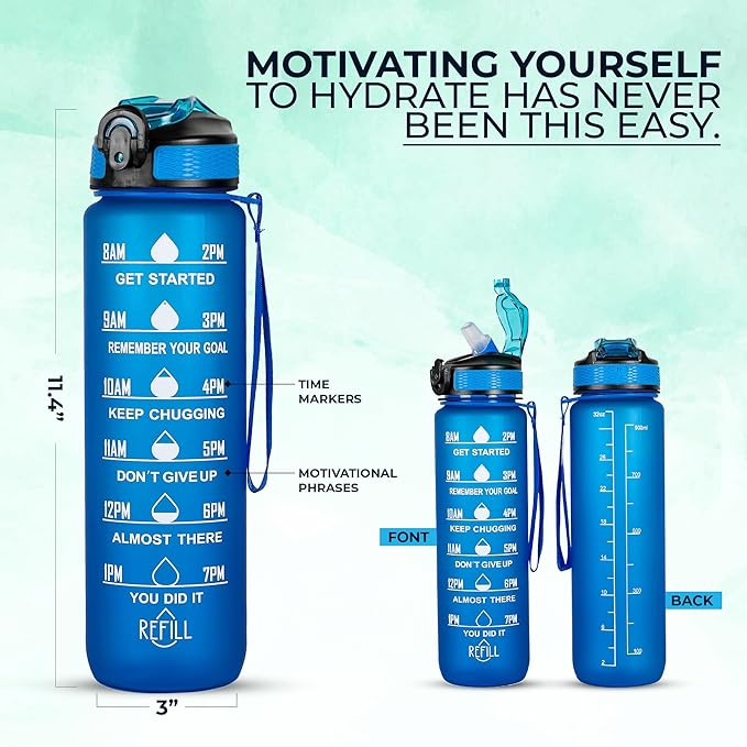 2 PACK: 32 Oz Water Bottle with Time Marker - Motivational Gym Water Bottle with Strap & Holder for Everyday Use | Water Bottles with Times to Drink | Big Water Bottle with Straw, Leak Proof & Durable