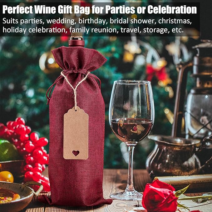 Burlap Wine Bags Wine Gift Bags, 12 Pcs Wine Bottle Bags with Drawstrings, Tags & Rope, Reusable Wine Bottle Covers for Christmas, Wedding, Birthday, Travel, Holiday Party, Housewarming, Home Storage