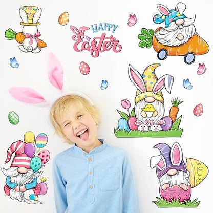 Mfault Happy Easter Bunny Gnome Wall Decals Stickers, Rabbit Eggs Carrot Balloon Decorations Bedroom Art, Chick Butterfly Home Kitchen Decor Party Supplies