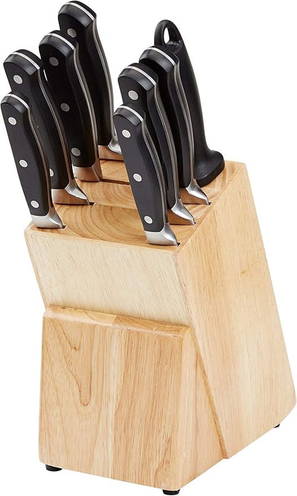 Amazon Basics 9-Piece Premium Kitchen High-Carbon Stainless-Steel Blades with Pine Wood Knife Block Set, Black