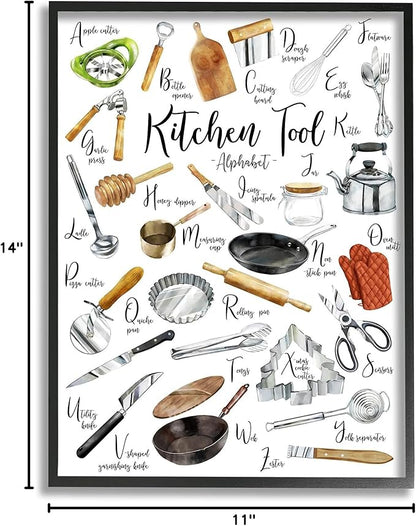 Stupell Industries Kitchen Tool Alphabet Cooking Accessory ABC Chart, Designed by Ziwei Li Black Framed Wall Art, 11 x 14, Multi-Color