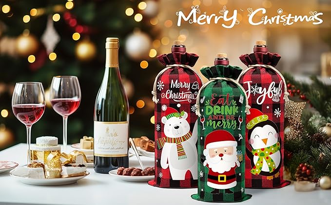 12Pcs Burlap Wine Bags Christmas Wine Gift Bags for Wine Bottles Gifts, Buffalo Plaid Christmas Wine Bottle Bags with Drawstring, Holiday Wine Bottle Covers for Christmas New Year Holiday Party Decor