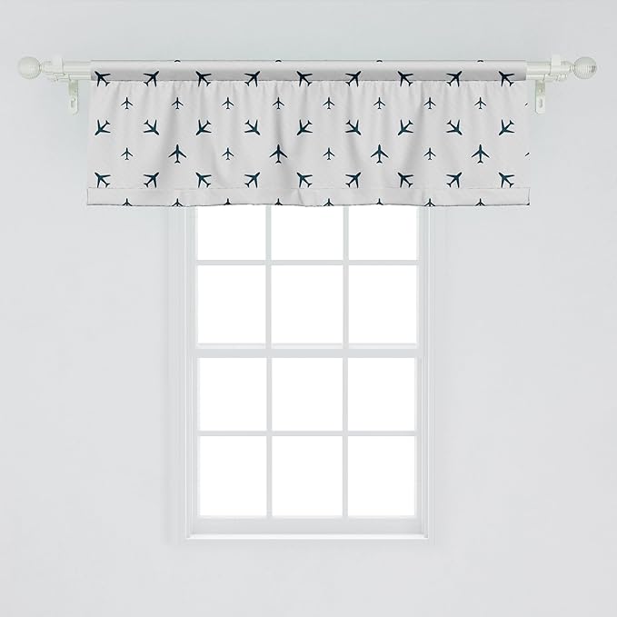 Ambesonne Airplane Window Valance, Diagonal Stripes Travel Silhouettes Vacation Aviation, Curtain Valance for Kitchen Bedroom Decor with Rod Pocket, 42" x 18", Petrol Blue Black White