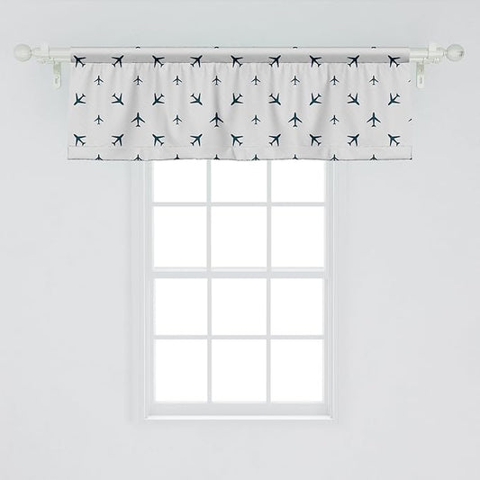 Ambesonne Airplane Window Valance, Diagonal Stripes Travel Silhouettes Vacation Aviation, Curtain Valance for Kitchen Bedroom Decor with Rod Pocket, 42" x 18", Petrol Blue Black White